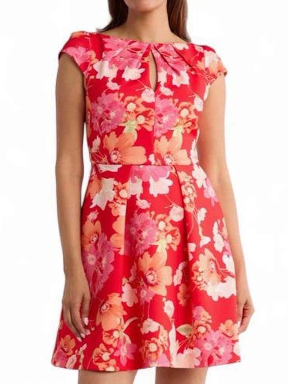 Red Floral Fit-and-Flare Dress with Keyhole Neckline